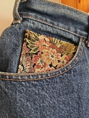 Vintage 90s Dark Blue Denim Pencil Skirt with Tapestry Accents